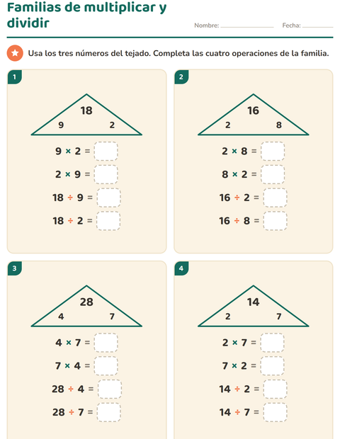 Familias de multiplicar y dividir: casitas con × y ÷