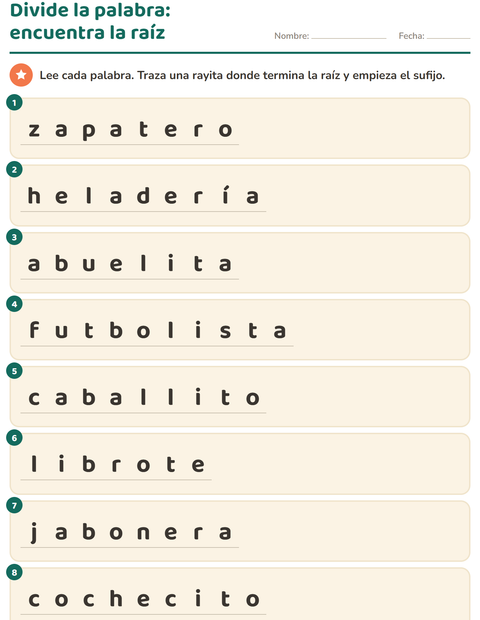 Vista previa de la hoja de Familias de palabras para grado 2