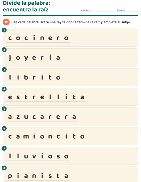 Vista previa de la hoja de Familias de palabras para grado 2