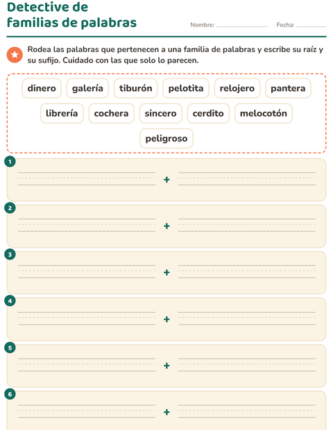 Vista previa de la hoja de Familias de palabras para grado 2