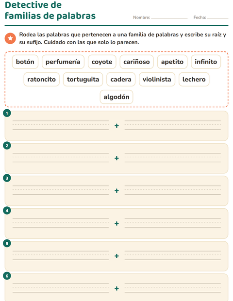 Vista previa de la hoja de Familias de palabras para grado 2