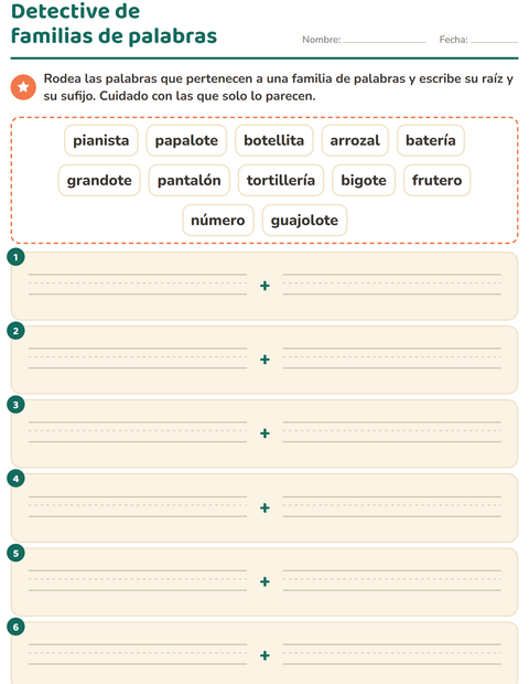 Vista previa de la hoja de Familias de palabras para grado 2