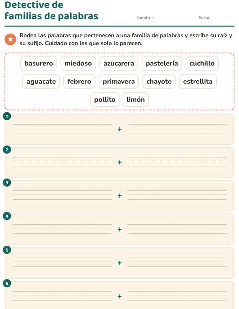 Vista previa de la hoja de Familias de palabras para grado 2