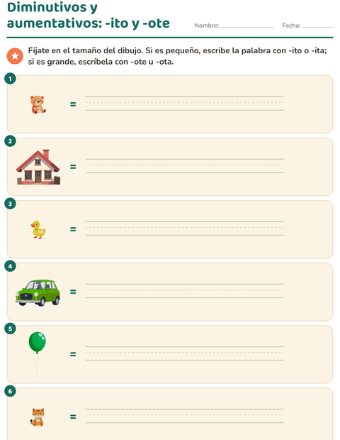 Diminutivos y aumentativos: -ito para lo pequeño, -ote para lo grande — segundo grado