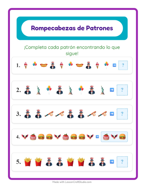 Vista previa de la hoja de Ficha De Patrones con 4 de Julio para grado 1