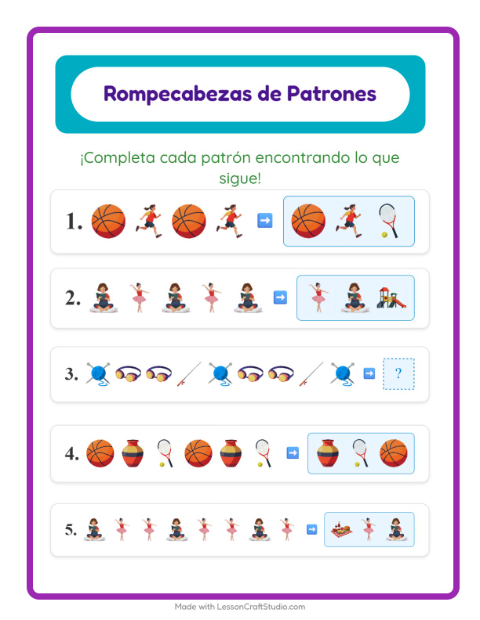 Vista previa de la hoja de Ficha De Patrones con Actividades para grado 1