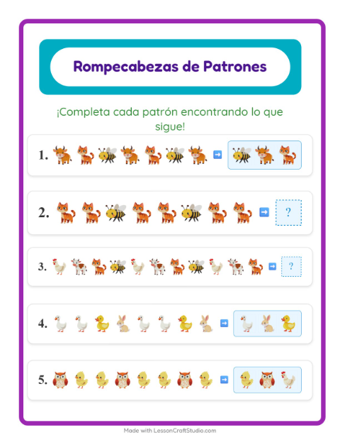 Vista previa de la hoja de Ficha De Patrones con Animales de granja para grado 1