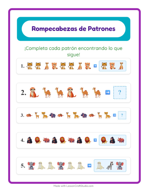 Vista previa de la hoja de Ficha De Patrones con Animales del zoológico para grado 1