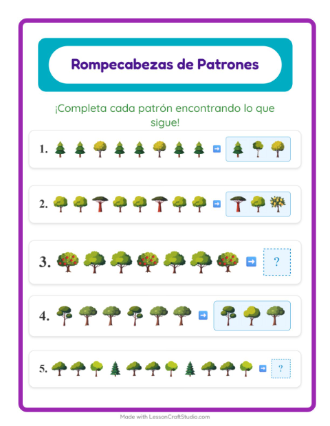 Vista previa de la hoja de Ficha De Patrones con Árboles para grado 1