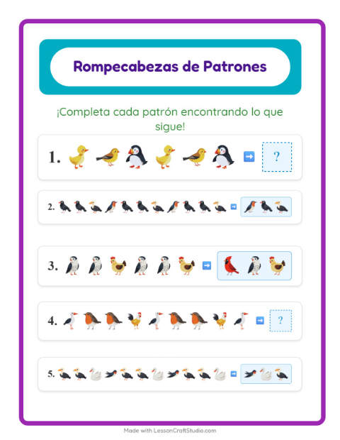 Vista previa de la hoja de Ficha De Patrones con Aves 2 para grado 1