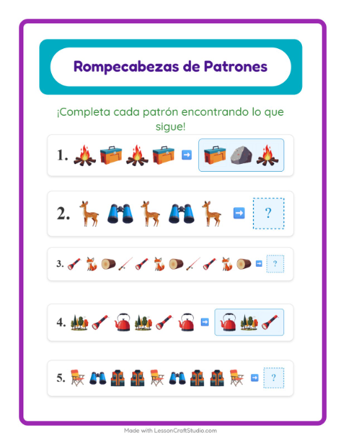 Vista previa de la hoja de Ficha De Patrones con Campamento para grado 1