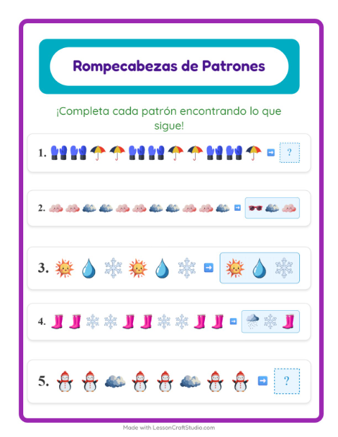 Vista previa de la hoja de Ficha De Patrones con Clima para grado 1
