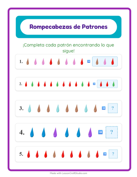 Vista previa de la hoja de Ficha De Patrones con Colores para grado 1