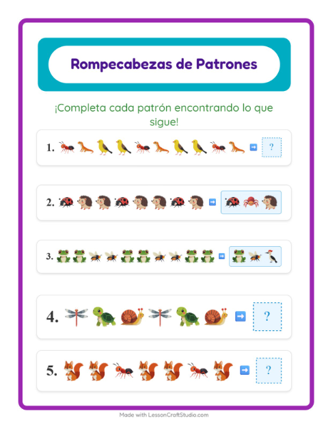 Vista previa de la hoja de Ficha De Patrones con Criaturas del bosque para grado 1