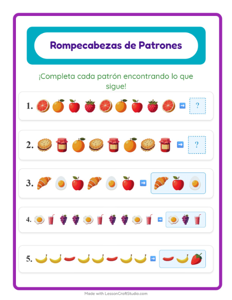 Vista previa de la hoja de Ficha De Patrones con Desayuno para grado 1