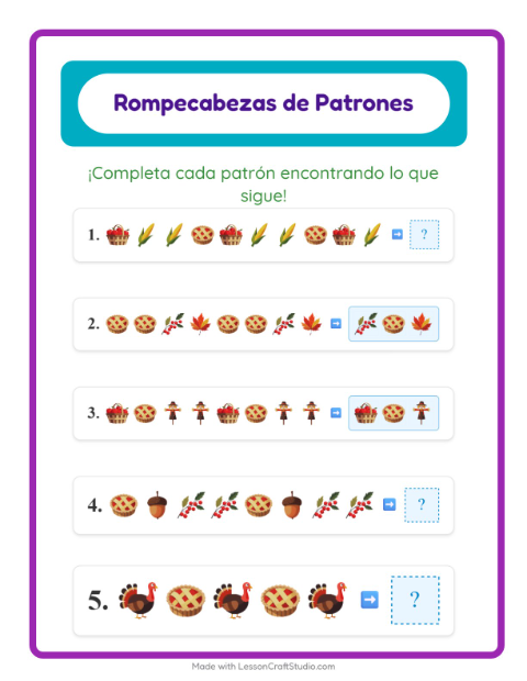 Vista previa de la hoja de Ficha De Patrones con Día de Acción de Gracias para grado 1