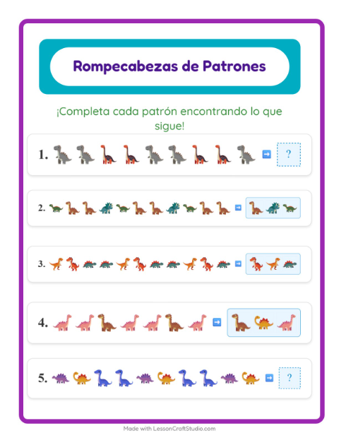 Vista previa de la hoja de Ficha De Patrones con Dinosaurios para grado 1