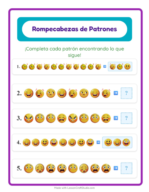 Vista previa de la hoja de Ficha De Patrones con Emociones para grado 1