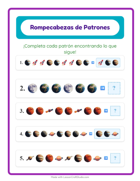 Vista previa de la hoja de Ficha De Patrones con Espacio para grado 1
