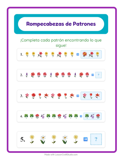 Vista previa de la hoja de Ficha De Patrones con Flores para grado 1