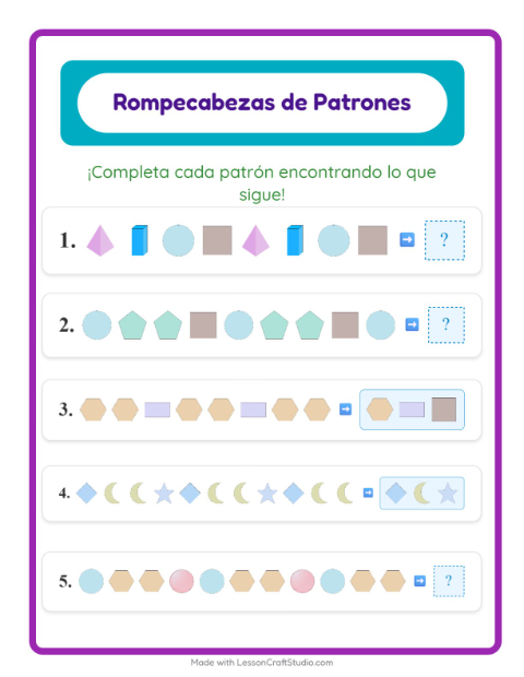 Vista previa de la hoja de Ficha De Patrones con Formas para grado 1