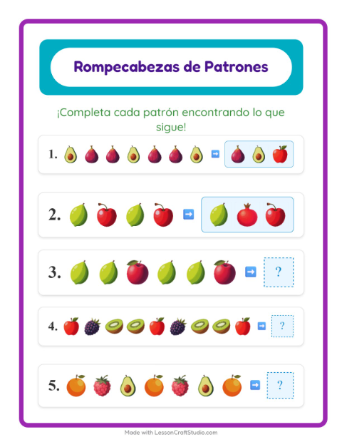 Vista previa de Hoja de Frutas: Completa el Patrón