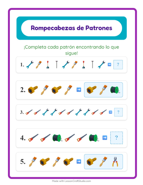 Vista previa de la hoja de Ficha De Patrones con Herramientas para grado 1