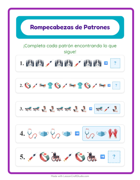 Vista previa de la hoja de Ficha De Patrones con Hospital para grado 1