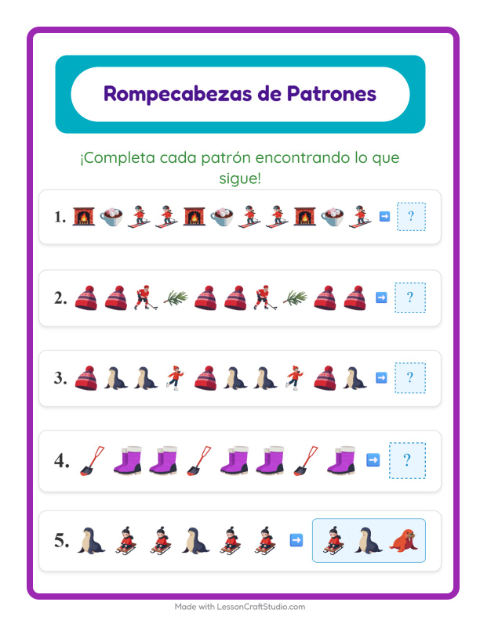 Vista previa de la hoja de Ficha De Patrones con Invierno para grado 1
