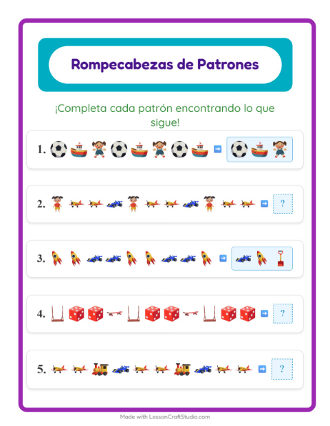 Vista previa de la hoja de Ficha De Patrones con Juguetes para grado 1