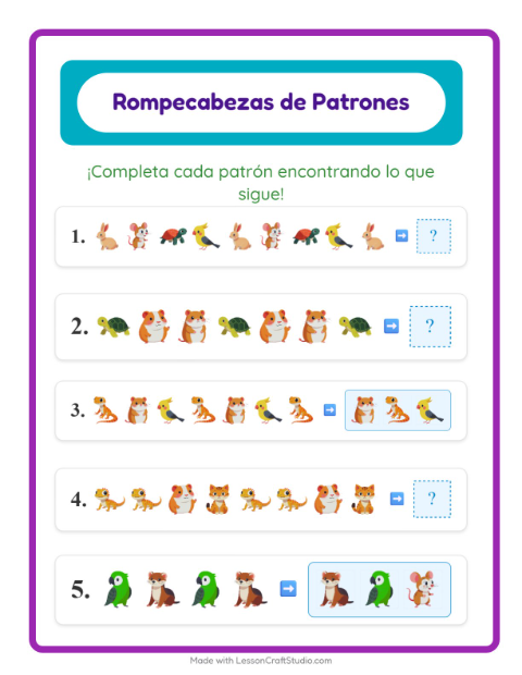 Vista previa de la hoja de Ficha De Patrones con Mascotas para grado 1