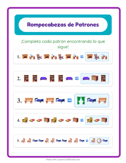 Vista previa de la hoja de Ficha De Patrones con Muebles para grado 1