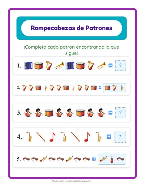 Vista previa de la hoja de Ficha De Patrones con Música para grado 1