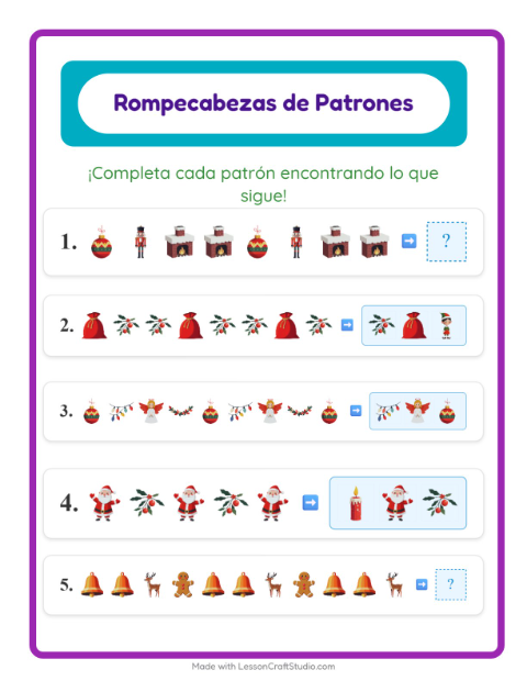 Vista previa de la hoja de Ficha De Patrones con Navidad para grado 1
