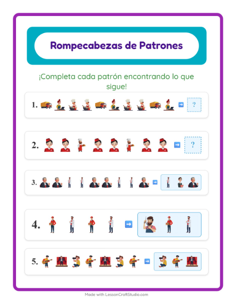 Vista previa de la hoja de Ficha De Patrones con Ocupaciones para grado 1