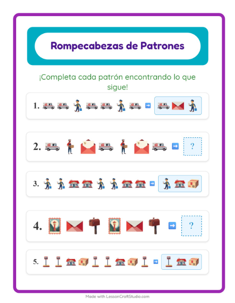 Vista previa de la hoja de Ficha De Patrones con Oficina de correos para grado 1