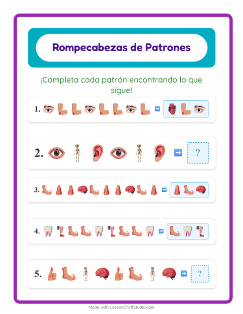 Vista previa de la hoja de Ficha De Patrones con Partes del cuerpo para grado 1