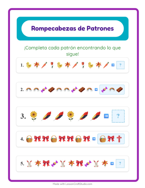 Vista previa de la hoja de Ficha De Patrones con Pascua para grado 1