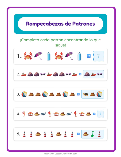 Vista previa de la hoja de Ficha De Patrones con Playa para grado 1