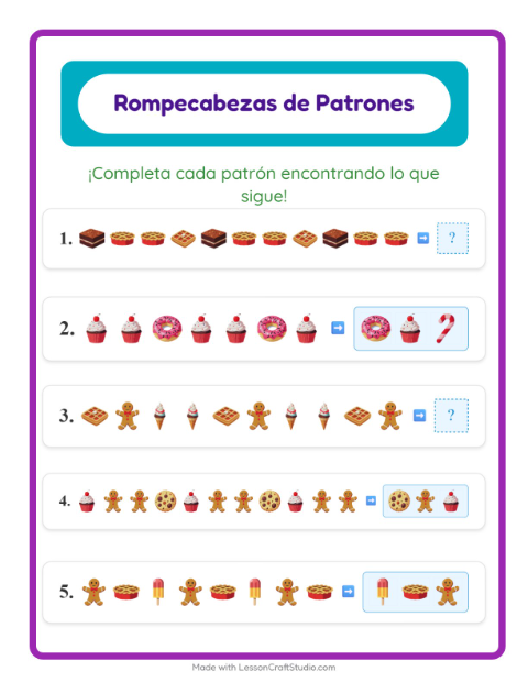 Vista previa de la hoja de Ficha De Patrones con Postres y dulces para grado 1