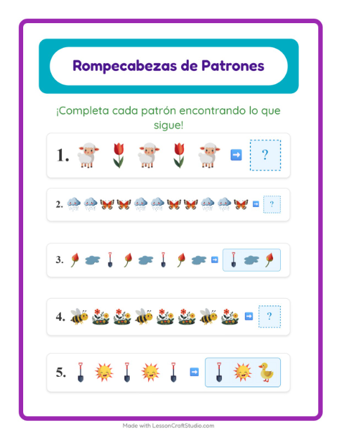Vista previa de la hoja de Ficha De Patrones con Primavera para grado 1