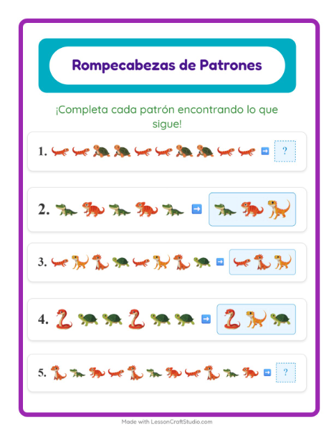 Vista previa de la hoja de Ficha De Patrones con Reptiles y anfibios para grado 1