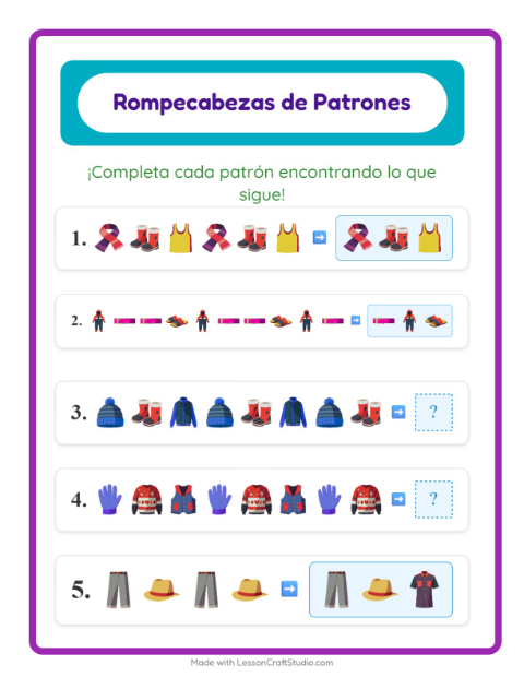 Vista previa de la hoja de Ficha De Patrones con Ropa para grado 1