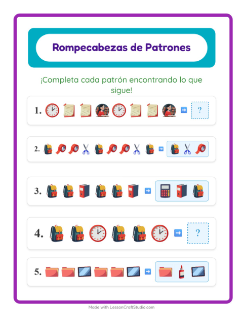 Vista previa de la hoja de Ficha De Patrones con Salón de clases para grado 1