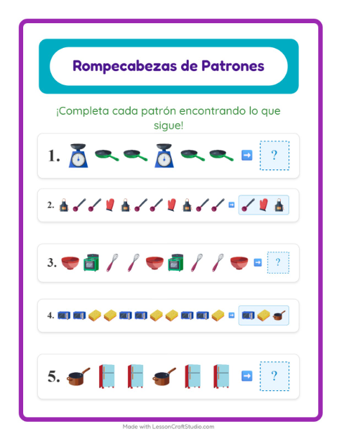 Vista previa de la hoja de Ficha De Patrones con Utensilios de cocina para grado 1