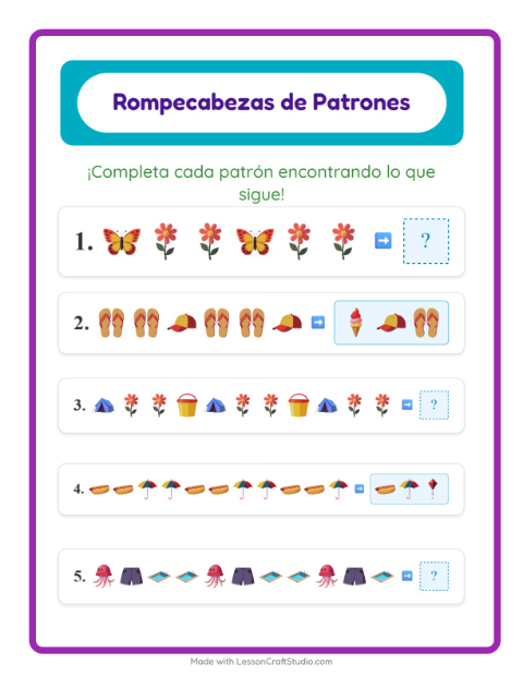 Vista previa de la hoja de Ficha De Patrones con Verano para grado 1