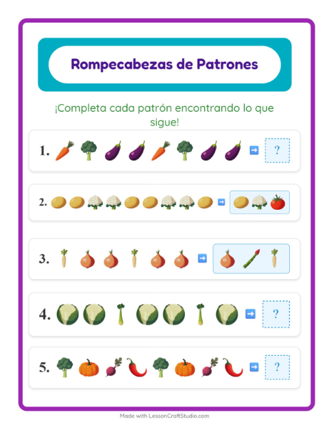 Vista previa de la hoja de Ficha De Patrones con Verduras para grado 1