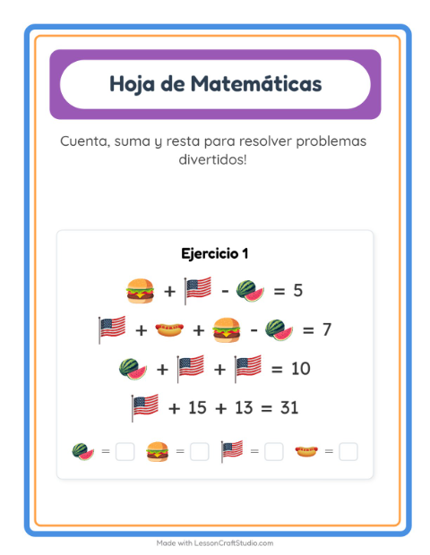 Vista previa de la hoja de Ficha Matemática con 4 de Julio para jardín infantil