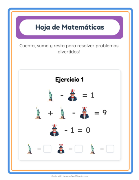 Vista previa de la hoja de Ficha Matemática con 4 de Julio para jardín infantil