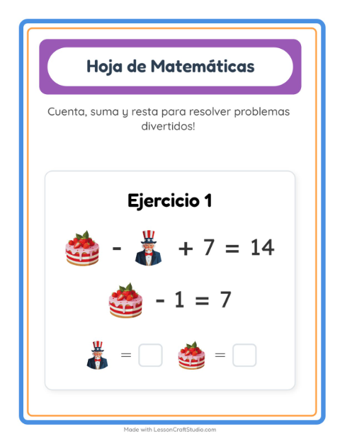 Vista previa de la hoja de Ficha Matemática con 4 de Julio para jardín infantil